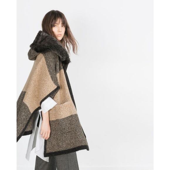 Zara Rare Tan Grey Oversized Cape Poncho Coat Fur Hood Bloggers Size Small - Picture 5 of 12
